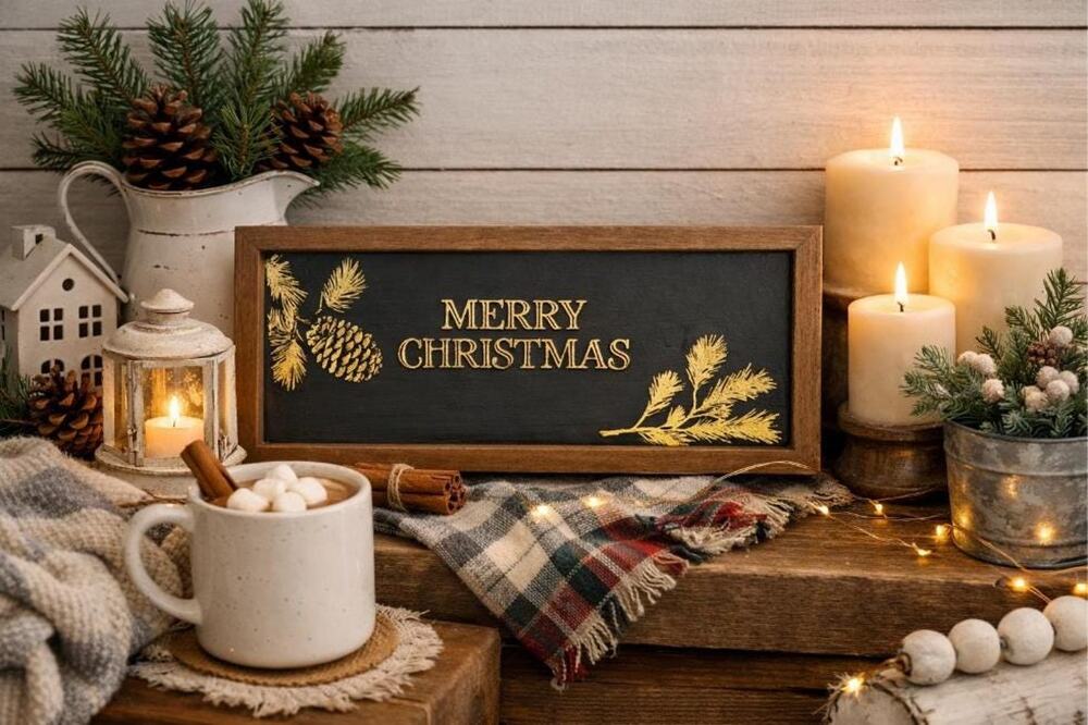 Upcycled Green Christmas Wall Art – Gold Tree, Floral Border (Ready to Hang)